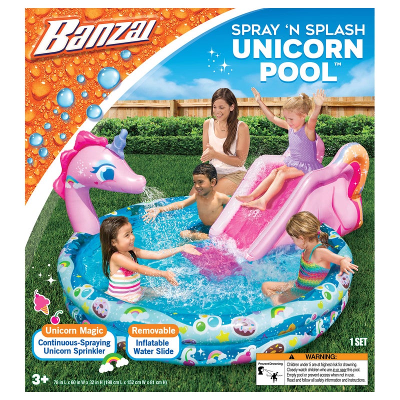 Banzai بركة بانزاي لرش وSplash وحيد القرن، الطول: 78 بوصة، العرض: 60 بوصة، الارتفاع: 32 بوصة، لعبة انزلاق مائية قابلة للنفخ في الهواء الطلق - Image 2